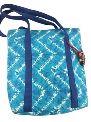  Blue and White Hand-Dyed Cotton Tote Bag with Beaded Strap Accents