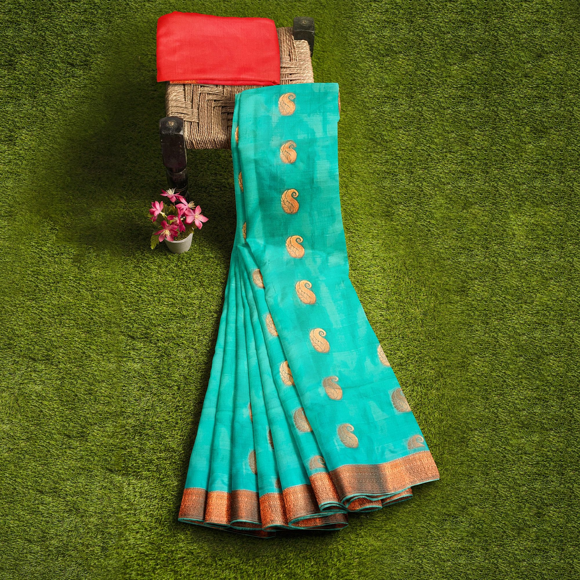 Seafoam green printed pure soft silk saree with golden zari border