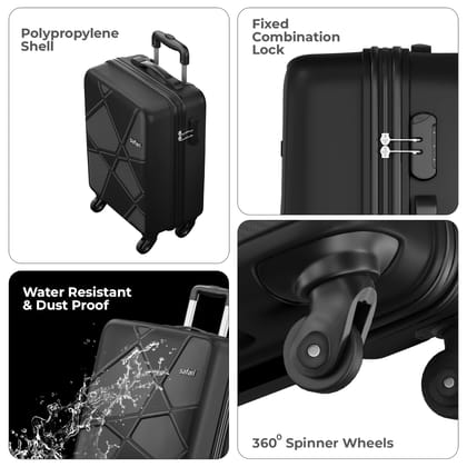 Polypropylene (Pp) Pentagon Hardside Small Size Cabin Luggage Suitcase 4 Spinner Wheels Trolley Bags for Travel Black Color 55 Cm