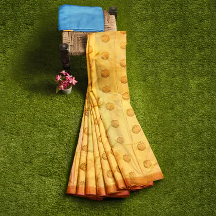 Yellow  pure soft silk Saree With Floral Print and Ble Border