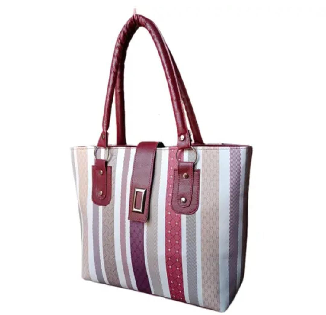  Women's Striped Faux Leather Tote Bag with Double Handles