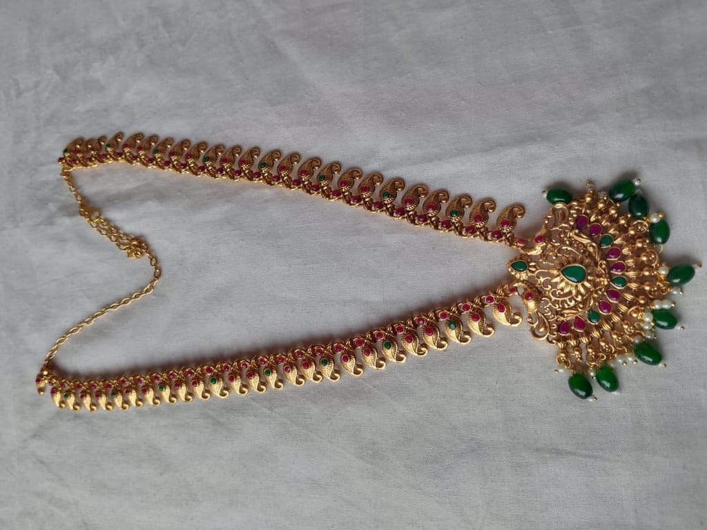  Gold Plated Traditional Indian Temple Jewellery Set With Green Stones