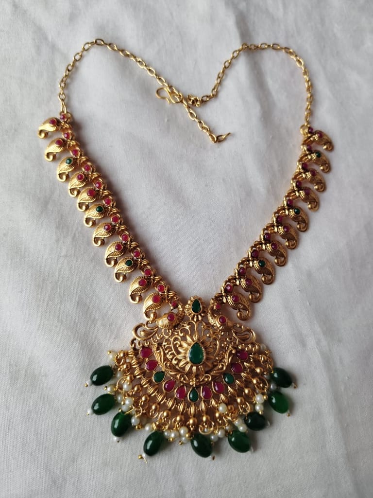  Gold Plated Traditional Indian Temple Jewellery Set With Green Stones
