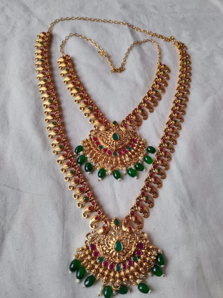  Gold Plated Traditional Indian Temple Jewellery Set With Green Stones