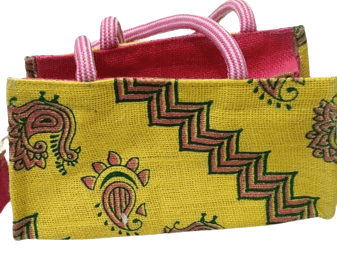 Yellow and Pink Jute Bag /Hand Bag/Side Bag with Printed