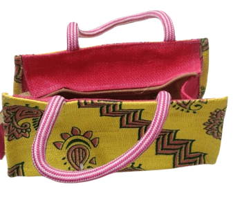 Yellow and Pink Jute Bag /Hand Bag/Side Bag with Printed
