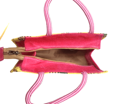 Yellow and Pink Jute Bag /Hand Bag/Side Bag with Printed