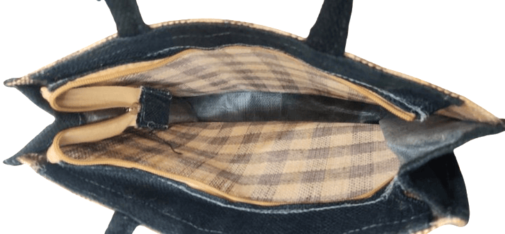 Jute Check Pattern Tote Bag with Black Trim