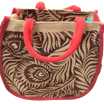 Jute Tote Bag /Hand Bag with Red Handles and Brown Floral Print