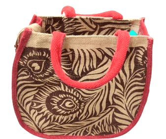 Jute Tote Bag /Hand Bag with Red Handles and Brown Floral Print