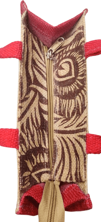 Jute Tote Bag /Hand Bag with Red Handles and Brown Floral Print