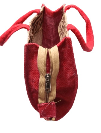 Jute Tote Bag /Hand Bag with Red Handles and Brown Floral Print