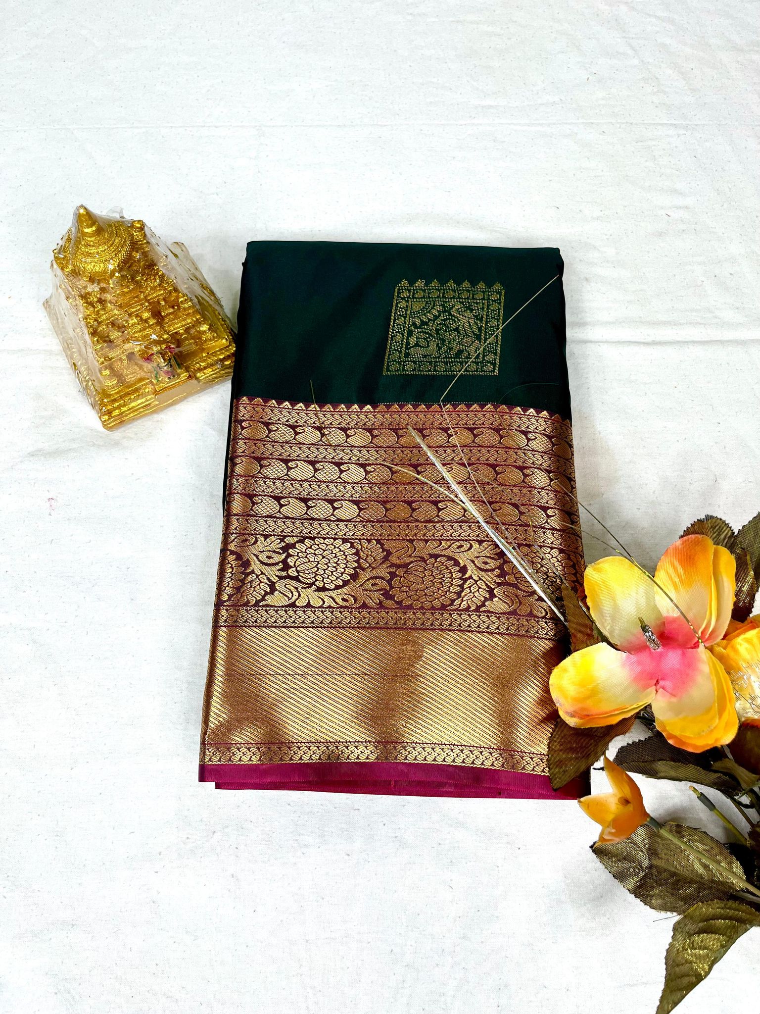Dark Green and Maroon Kanjivaram Silk Saree With Blouse Piece