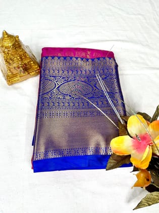 Pink and Blue Kanchipuram Silk Saree With Blouse Pink and Blue Kanchipuram Silk Saree With Blouse