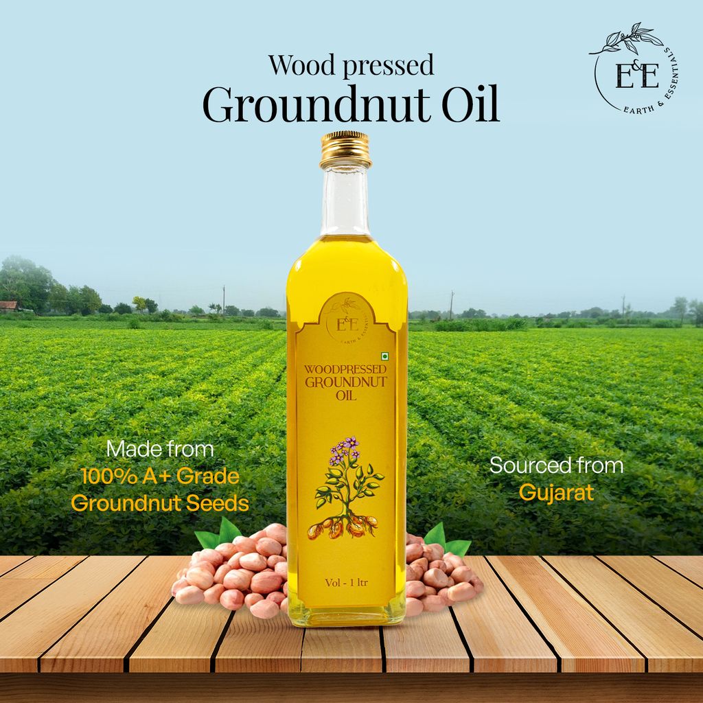 Earth and Essentials Woodpressed Groundnut Oil (1000ml) | Kachi Lakdi Ghani Mungfali Tel | 100% Pure & Unrefined | Rich in Healthy Fats & Antioxidants | Boost Immunity | Indian Cooking | Glass Bottle