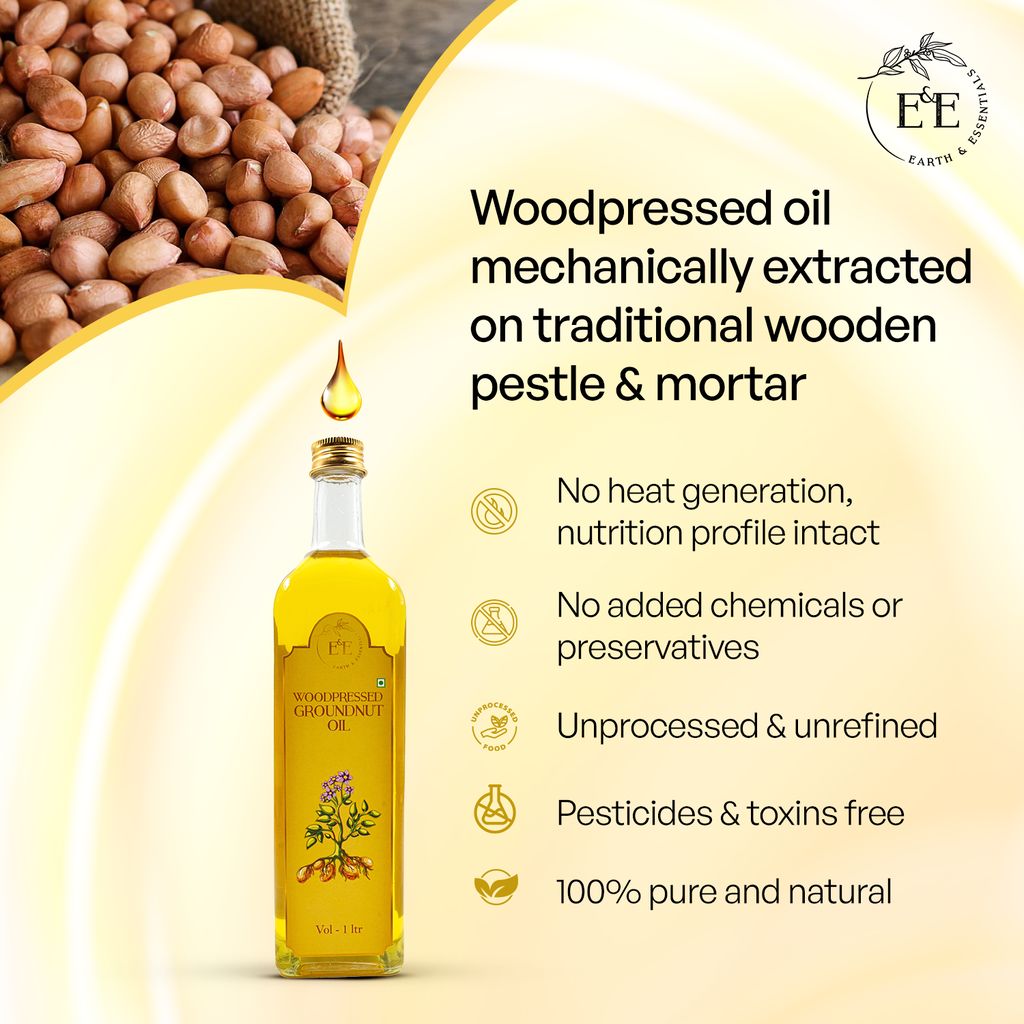 Earth and Essentials Woodpressed Groundnut Oil (1000ml) | Kachi Lakdi Ghani Mungfali Tel | 100% Pure & Unrefined | Rich in Healthy Fats & Antioxidants | Boost Immunity | Indian Cooking | Glass Bottle