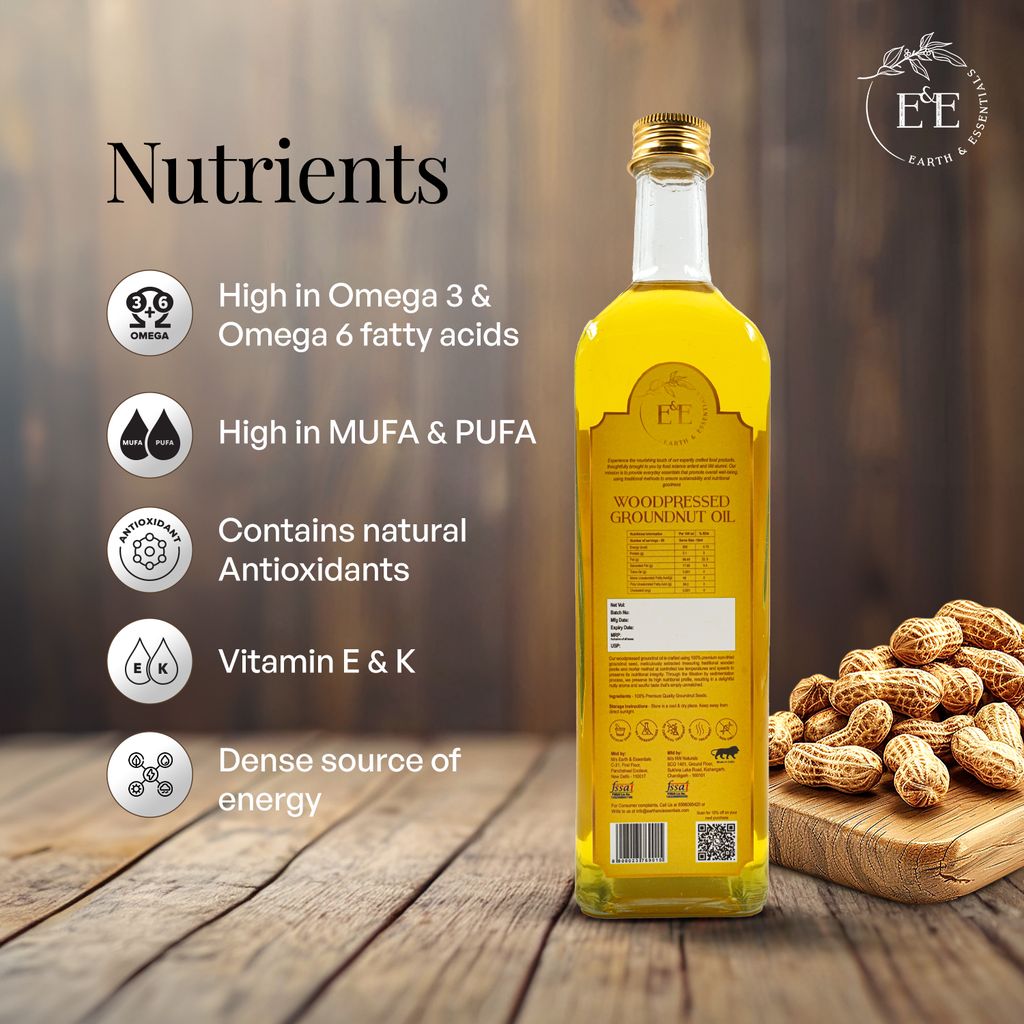 Earth and Essentials Woodpressed Groundnut Oil (1000ml) | Kachi Lakdi Ghani Mungfali Tel | 100% Pure & Unrefined | Rich in Healthy Fats & Antioxidants | Boost Immunity | Indian Cooking | Glass Bottle