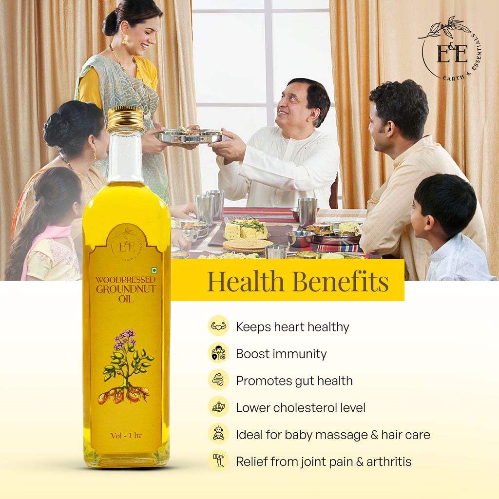 Earth and Essentials Woodpressed Groundnut Oil (1000ml) | Kachi Lakdi Ghani Mungfali Tel | 100% Pure & Unrefined | Rich in Healthy Fats & Antioxidants | Boost Immunity | Indian Cooking | Glass Bottle