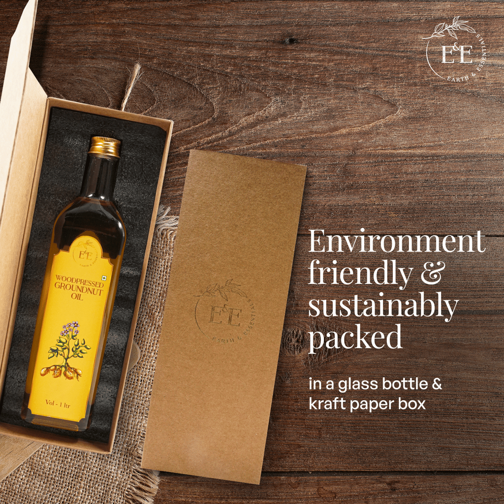 Earth and Essentials Woodpressed Groundnut Oil (1000ml) | Kachi Lakdi Ghani Mungfali Tel | 100% Pure & Unrefined | Rich in Healthy Fats & Antioxidants | Boost Immunity | Indian Cooking | Glass Bottle