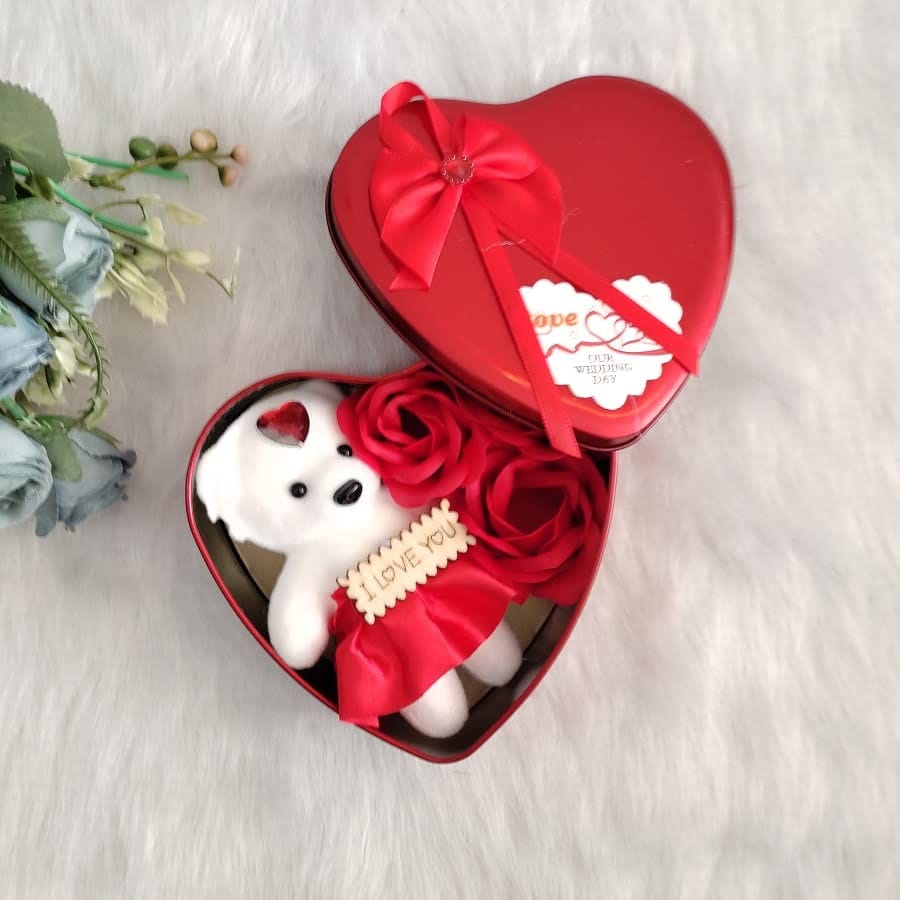 Red heart-shaped box with a teddy bear and roses - Toys and Games | Buy online on ZillyBuy
