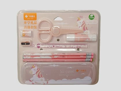  Children's Stationery Set, Unicorn Themed, 7 Pieces, in Blue Case