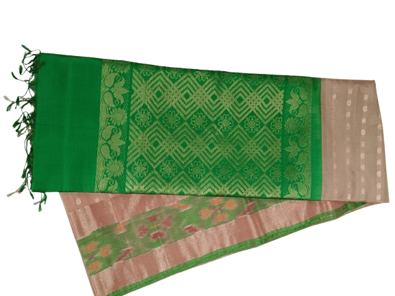 Green and gold zari woven Kanjivaram silk saree with contrast blouse piece - Sarees | Buy online on ZillyBuy