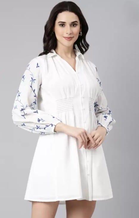 Best Women White Embroidered A-Line Shirt Dress 2025 at ShopCircuit | ONDC