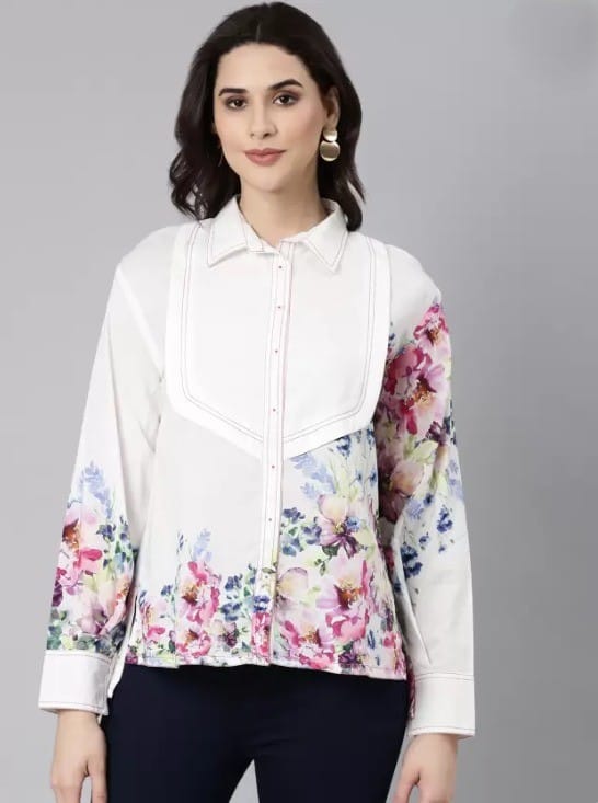 Women's Floral Printed White Shirt