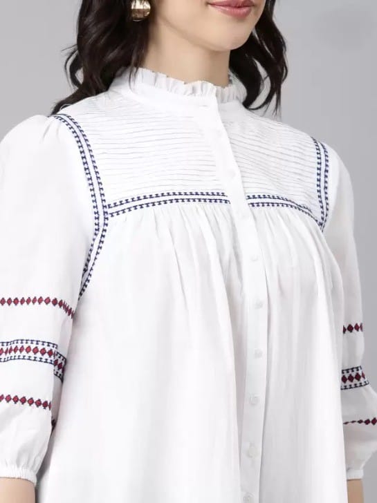 Stylish Women Women's White Embroidered Cotton Kurta with Mandarin Collar and 3/4th Sleeves 2025