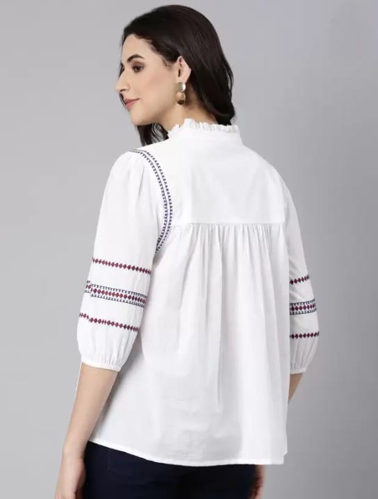 Stylish Women Women's White Embroidered Cotton Kurta with Mandarin Collar and 3/4th Sleeves 2025