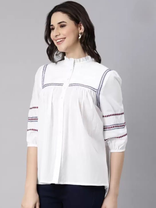 Stylish Women Women's White Embroidered Cotton Kurta with Mandarin Collar and 3/4th Sleeves 2025
