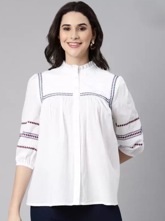 Stylish Women Women's White Embroidered Cotton Kurta with Mandarin Collar and 3/4th Sleeves 2025