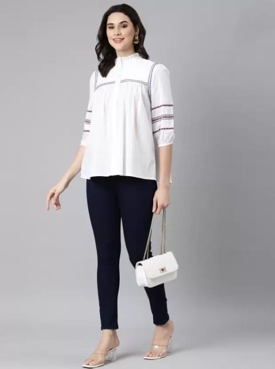 Stylish Women Women's White Embroidered Cotton Kurta with Mandarin Collar and 3/4th Sleeves 2025