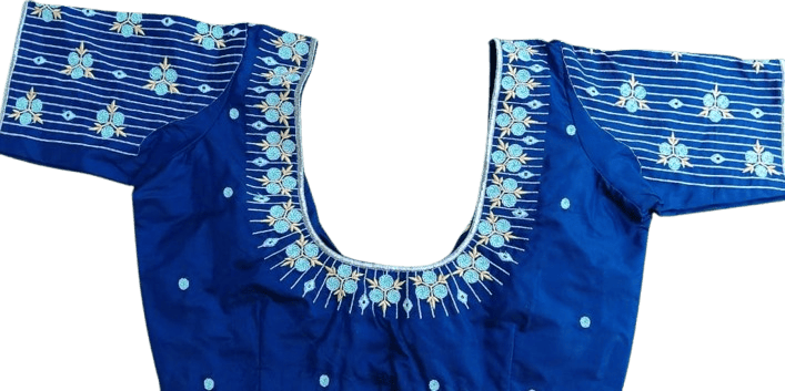 Blue Embroidered Boat Neck Blouse