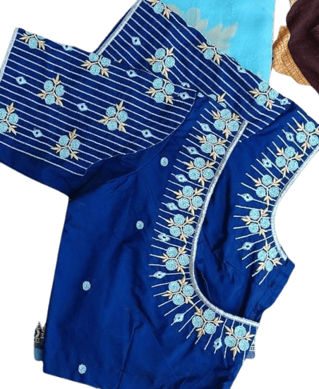 Blue Embroidered Boat Neck Blouse