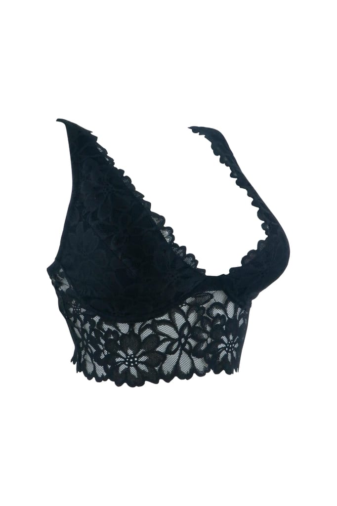 Sheluxe Women’s Floral Lace Longline Bralette with Deep V-Neck, Wire-Free Support, and Adjustable Straps for Everyday Comfort Black