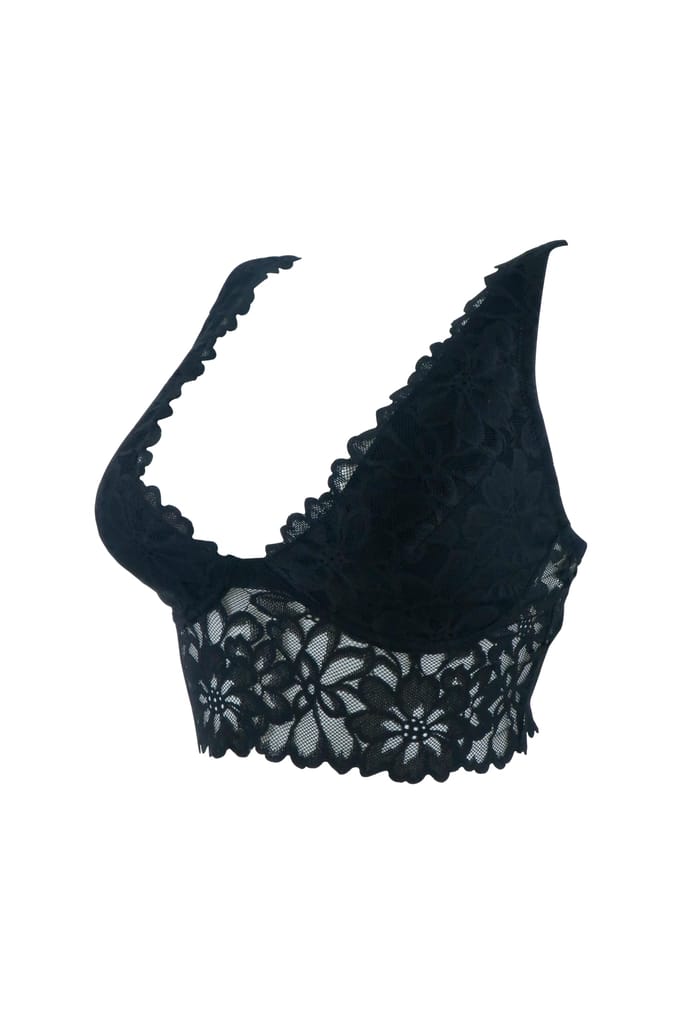 Sheluxe Women’s Floral Lace Longline Bralette with Deep V-Neck, Wire-Free Support, and Adjustable Straps for Everyday Comfort Black
