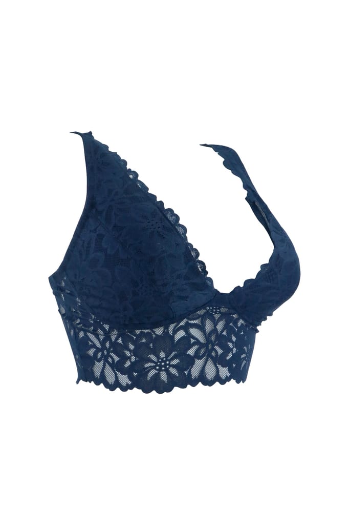 Sheluxe Women’s Floral Lace Longline Bralette with Deep V-Neck, Wire-Free Support, and Adjustable Straps for Everyday Comfort Dark Blue