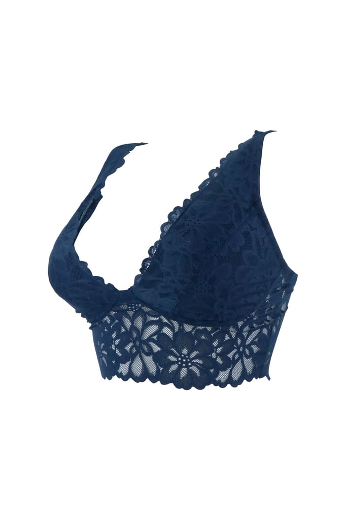Sheluxe Women’s Floral Lace Longline Bralette with Deep V-Neck, Wire-Free Support, and Adjustable Straps for Everyday Comfort Dark Blue