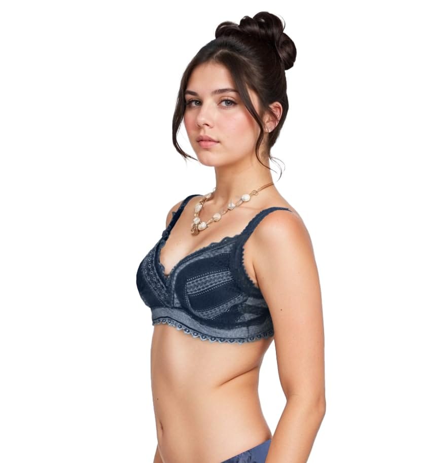 "Women's Push-Up Bra with Lace Detailing - Stylish Floral Pattern, Comfortable Support, Adjustable Straps, Blue