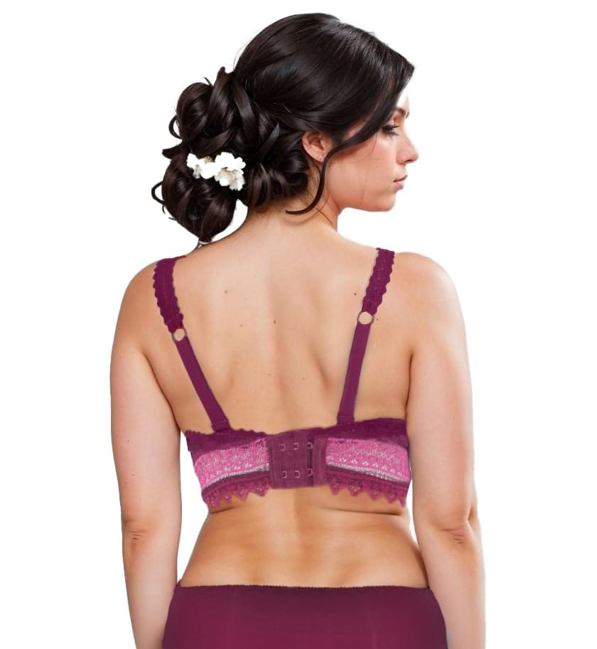 "Women's Push-Up Bra with Lace Detailing - Stylish Floral Pattern, Comfortable Support, Adjustable Straps, Dark Purple