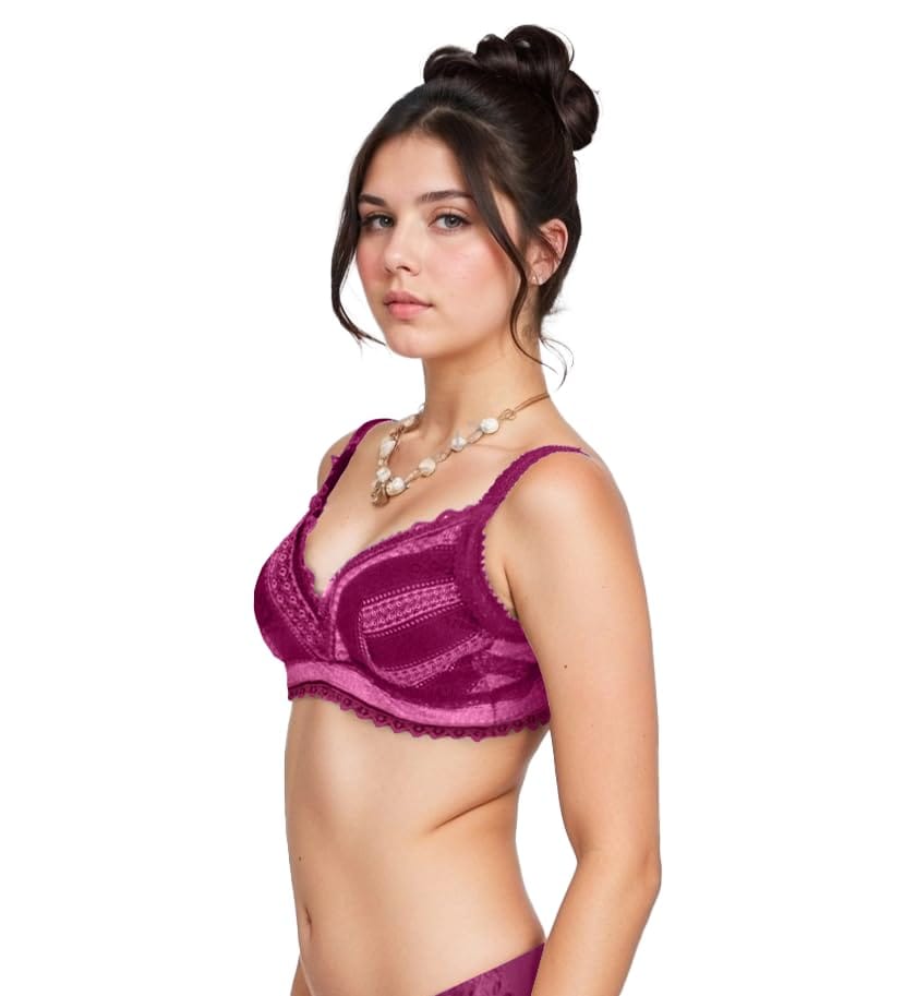 "Women's Push-Up Bra with Lace Detailing - Stylish Floral Pattern, Comfortable Support, Adjustable Straps, Dark Purple