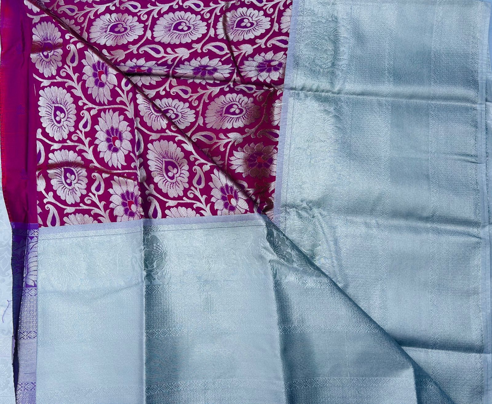  Silver Tissue Silk Saree With Allover Floral Buttas in Zari and Contrast Pink Pallu