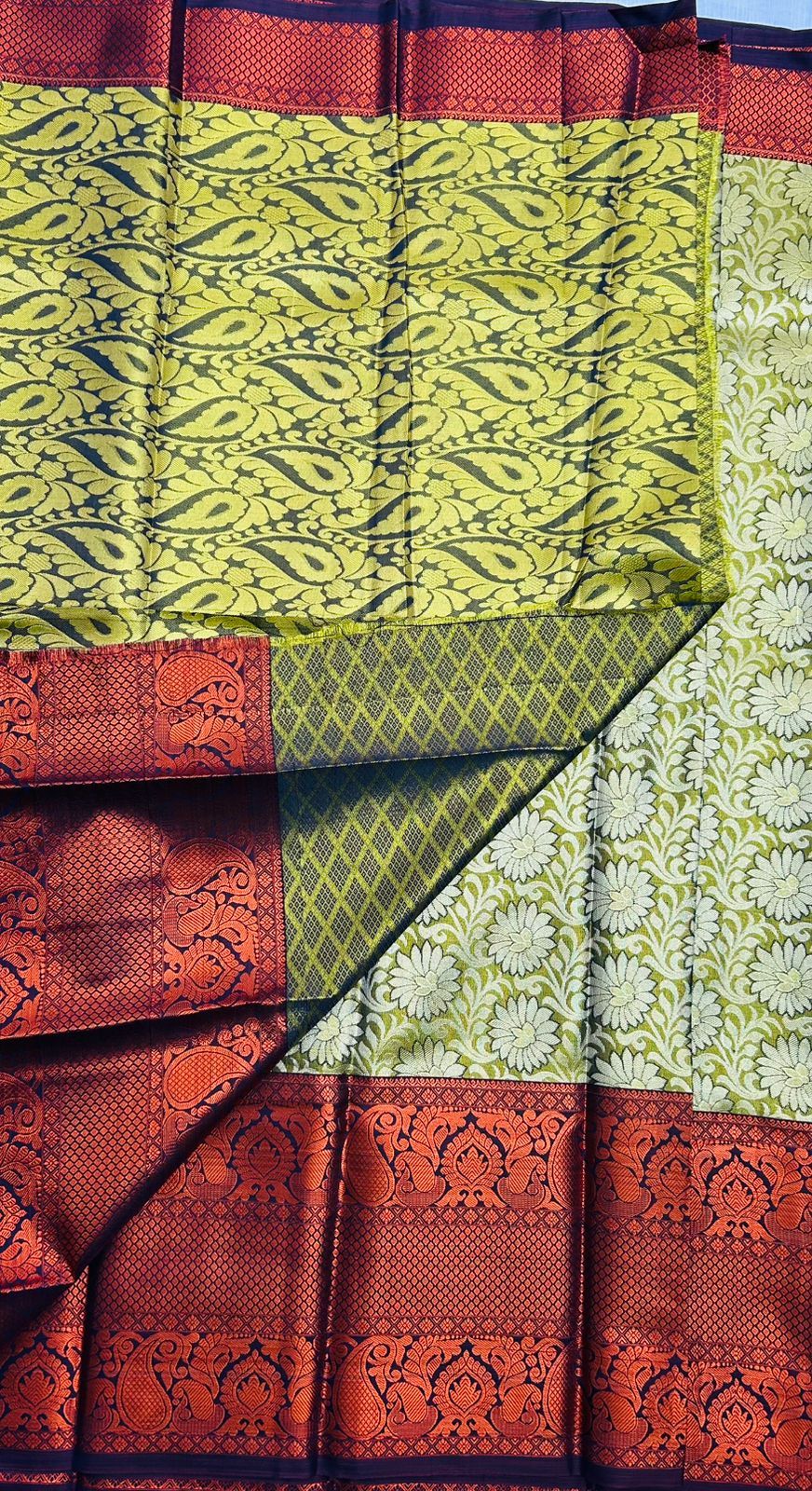  Green and gold zari woven Kanjivaram silk saree with contrast red border