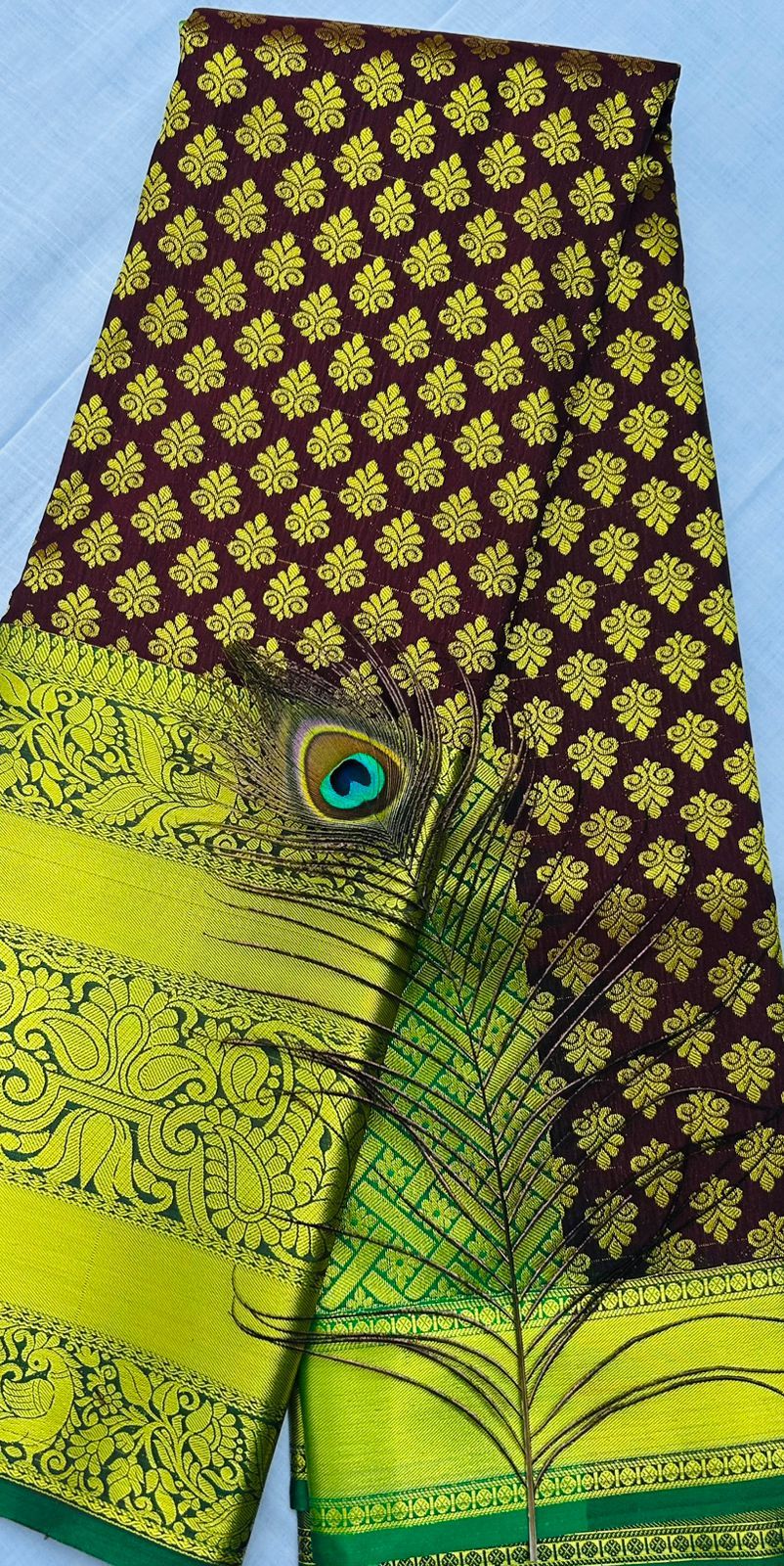 Green and Maroon Kanjivaram Silk Saree With Peacock Feather