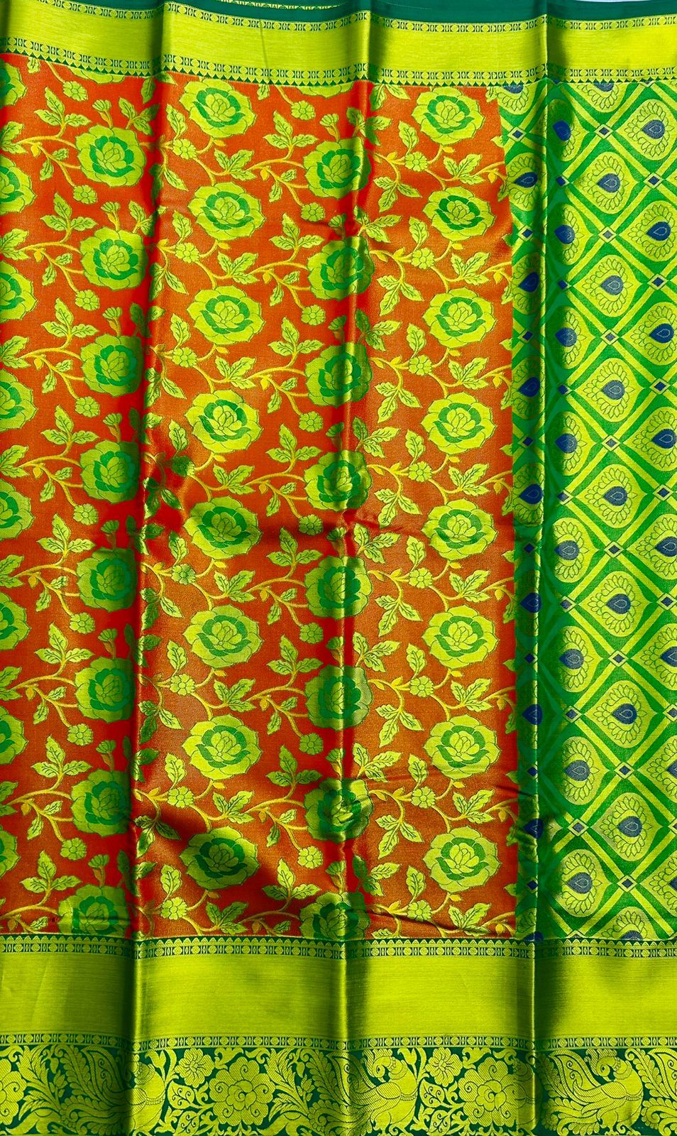 Green and red floral pattern traditional silk saree