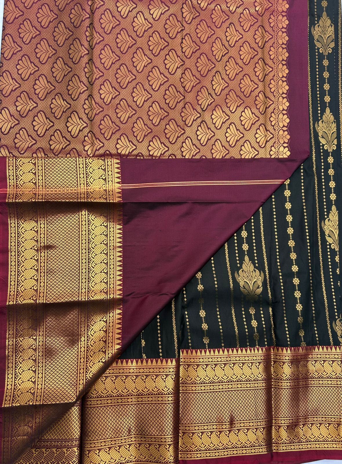  Black and Maroon Kanjivaram Silk Saree With Golden Zari Border