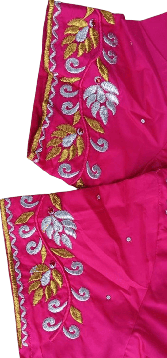  Pink and gold embroidered boat neck blouse