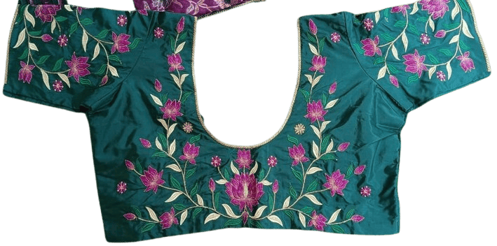 Green blouse with pink and gold floral embroidery