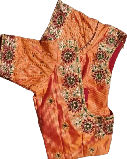  **Title:**  Embroidered Orange Silk Saree Blouse With Floral Motifs
